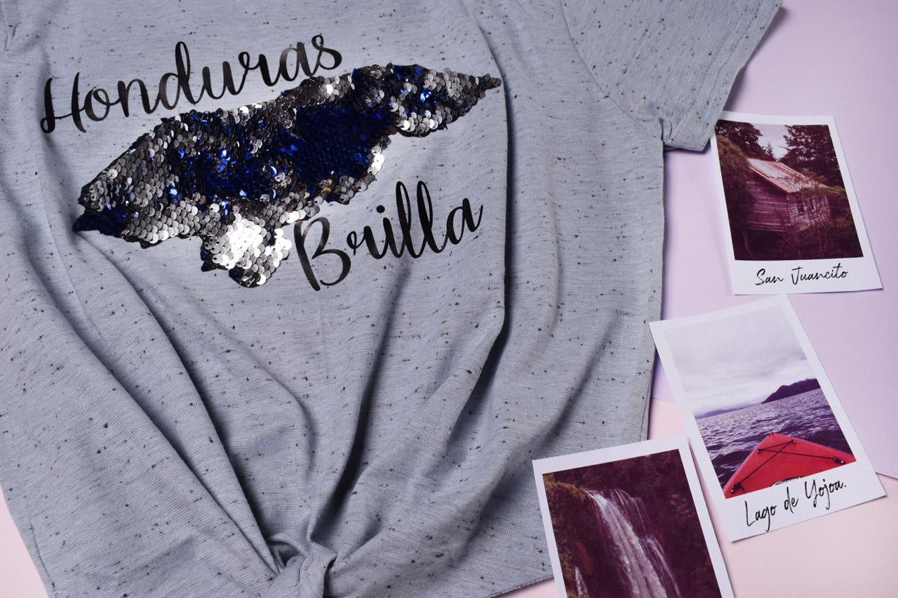 Honduras Brilla Knot Crop Top Mapa lentejuelas