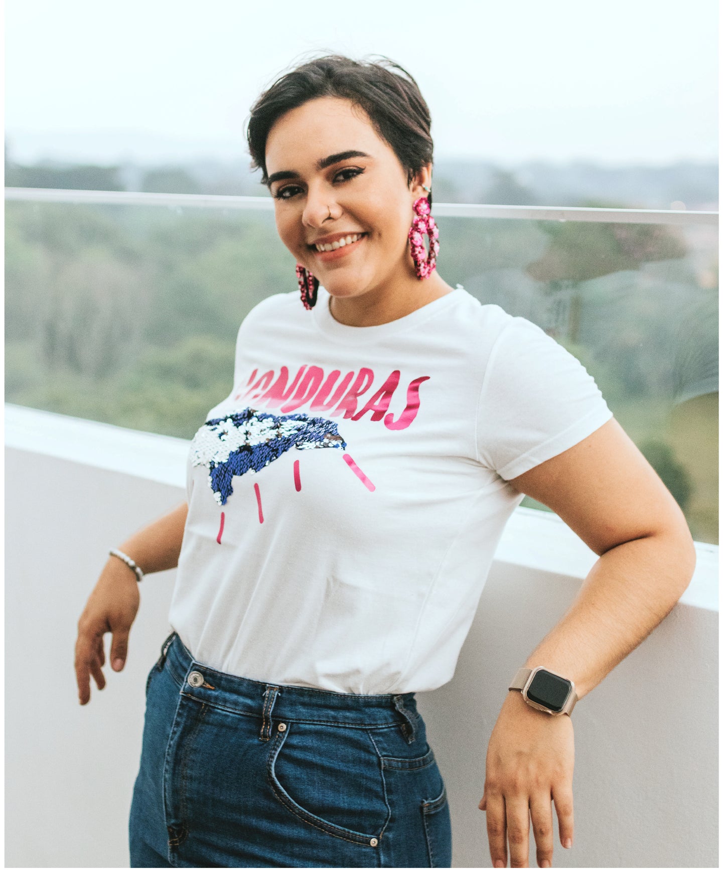 Honduras Pink Mapa Lentejuelas Reversible Camiseta Mujerk