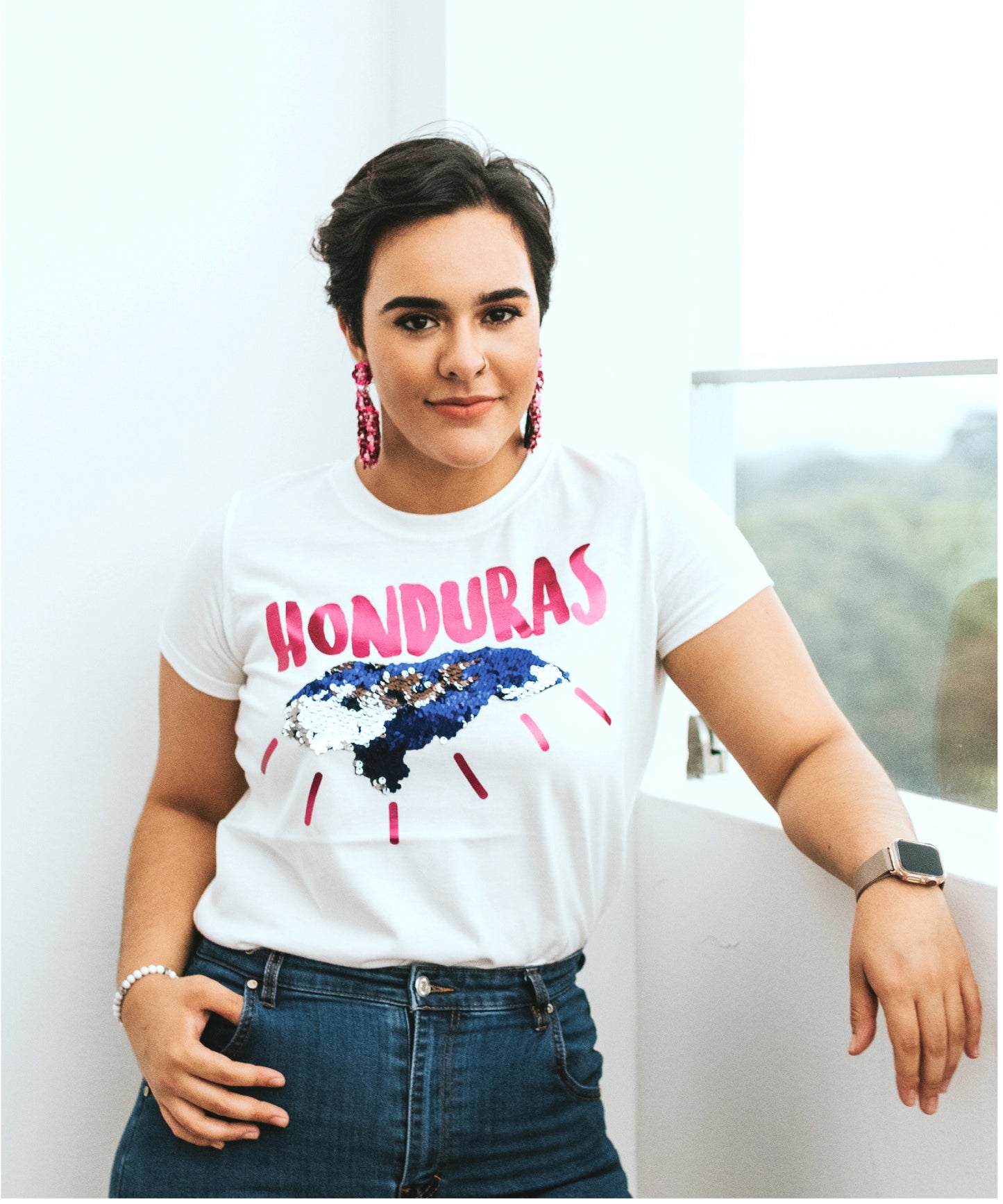 Honduras Pink Mapa Lentejuelas Reversible Camiseta Mujerk