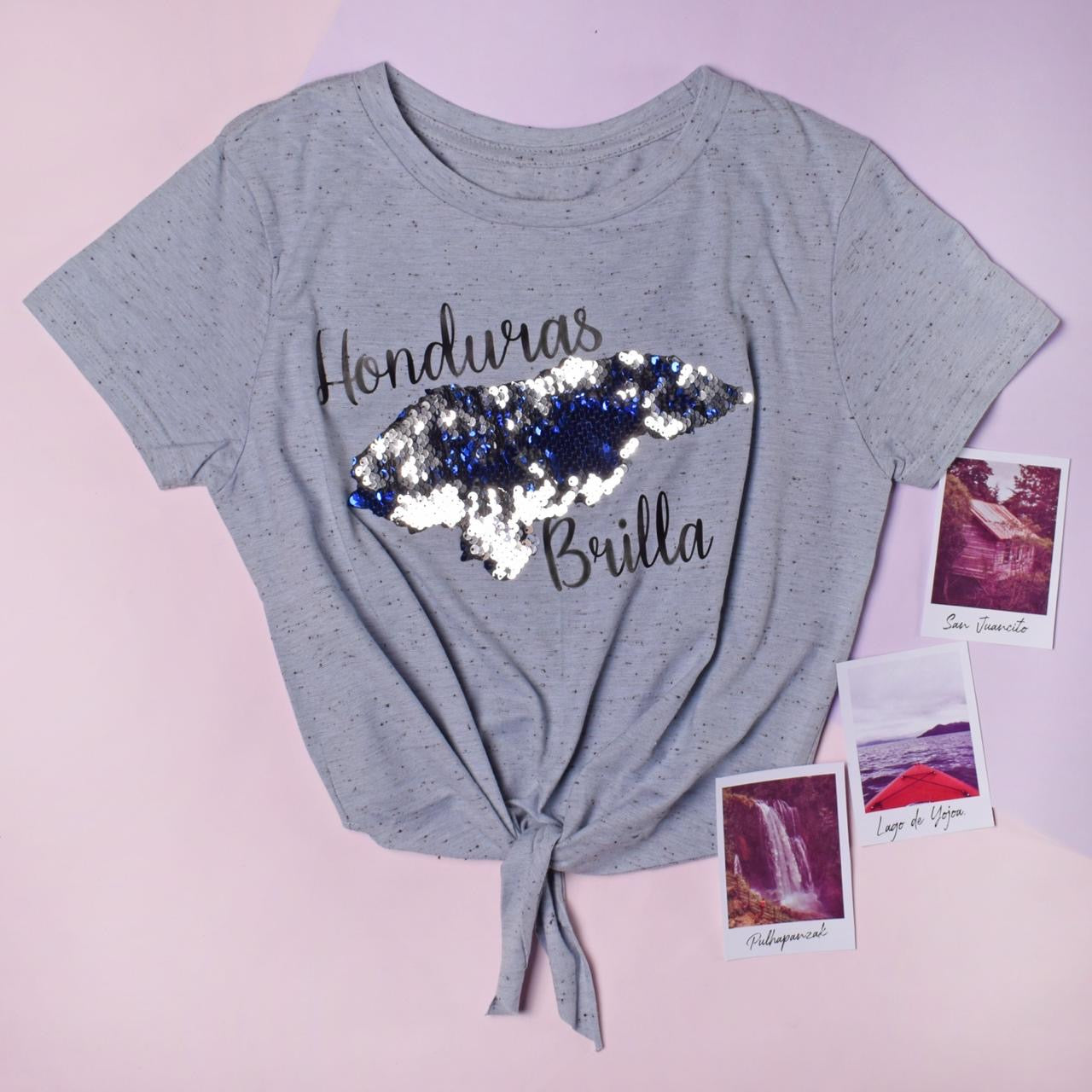 Honduras Brilla Knot Crop Top Mapa lentejuelas