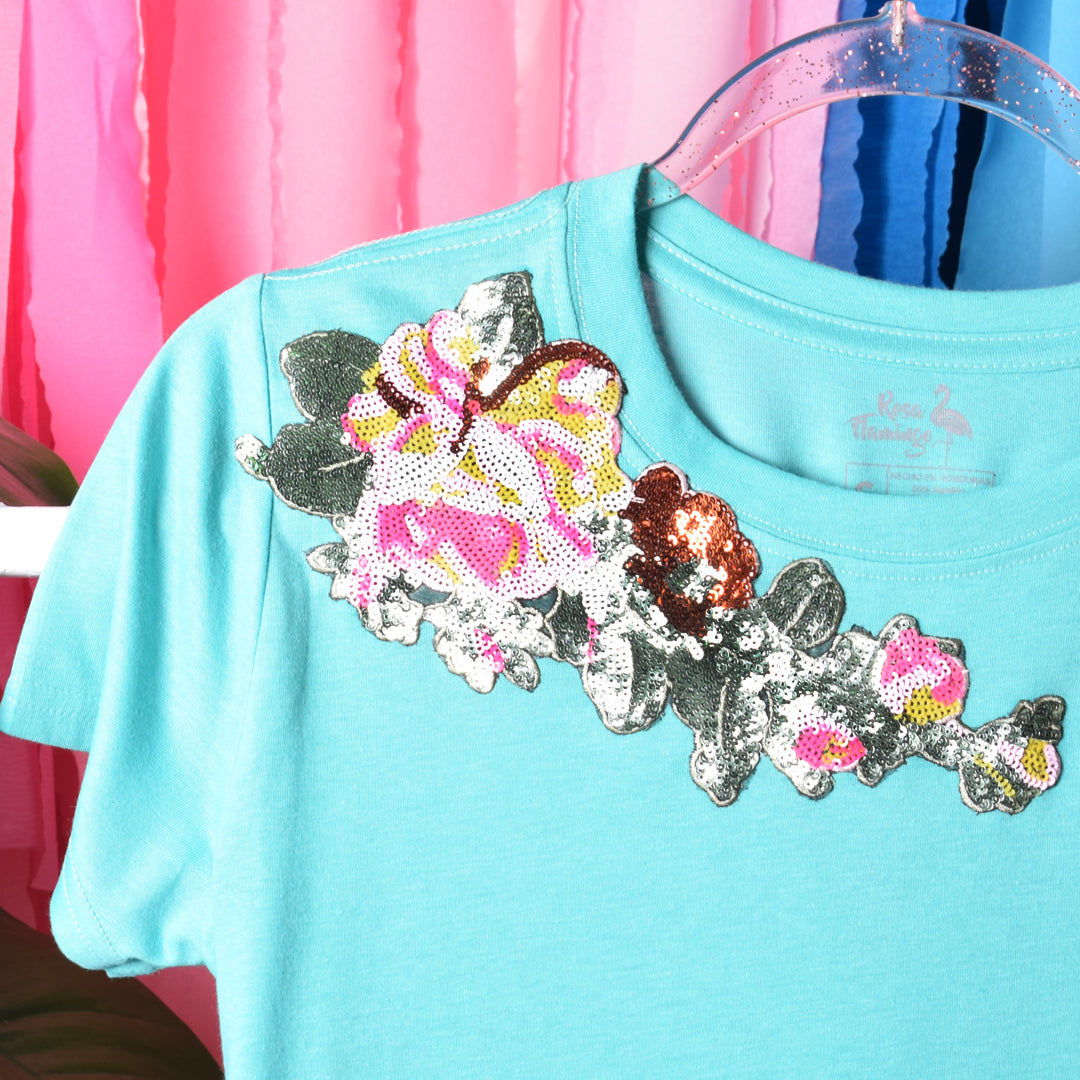 Flores y Hojas Lentejuelas Hombro T-shirt