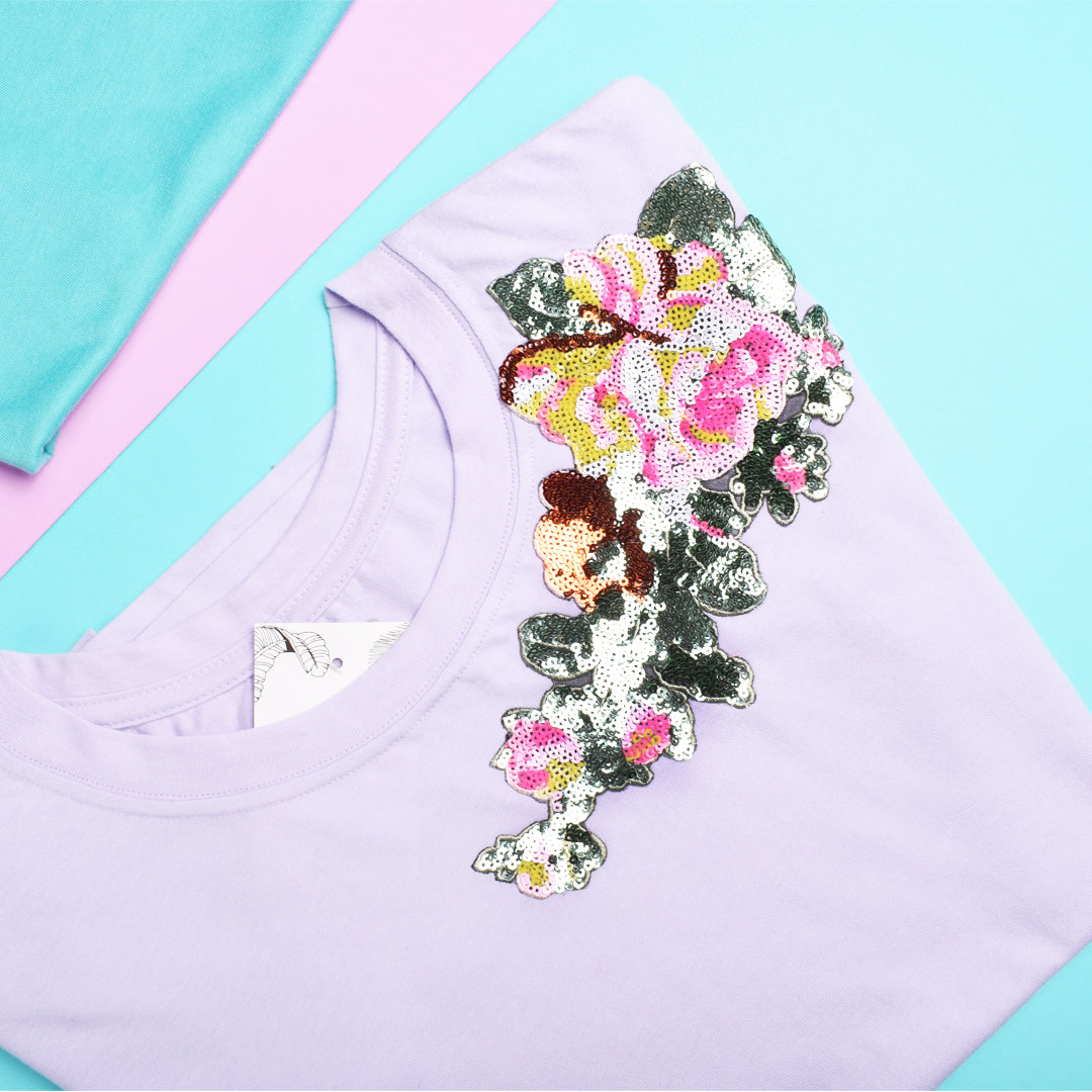 Flores y Hojas Lentejuelas Hombro T-shirt