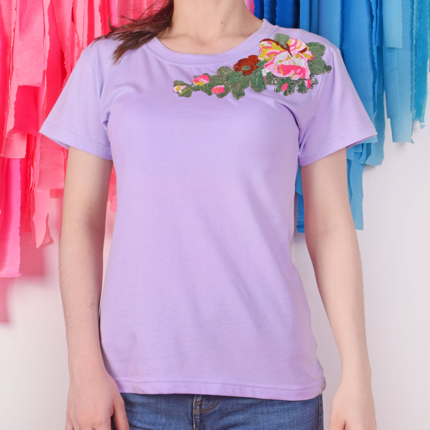 Flores y Hojas Lentejuelas Hombro T-shirt