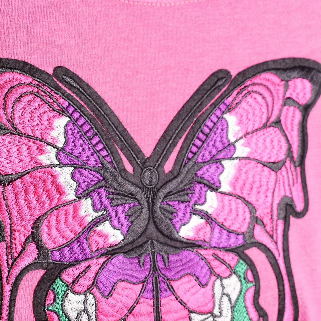 Mariposa Bordada Mangas Rosadas Brillantes T-Shirt
