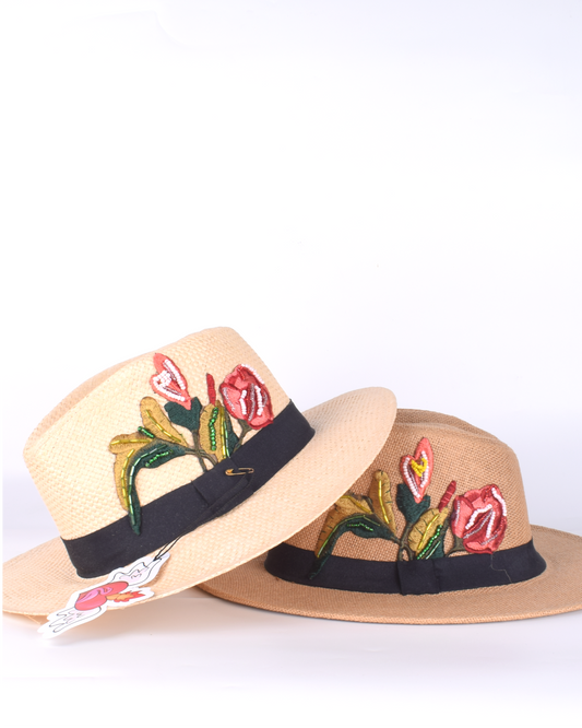 Sombrero Bordado Flores Piedras y Lentejuelas