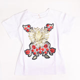 Corazón Dorado Bordado con Rosas Rojas T-shirt
