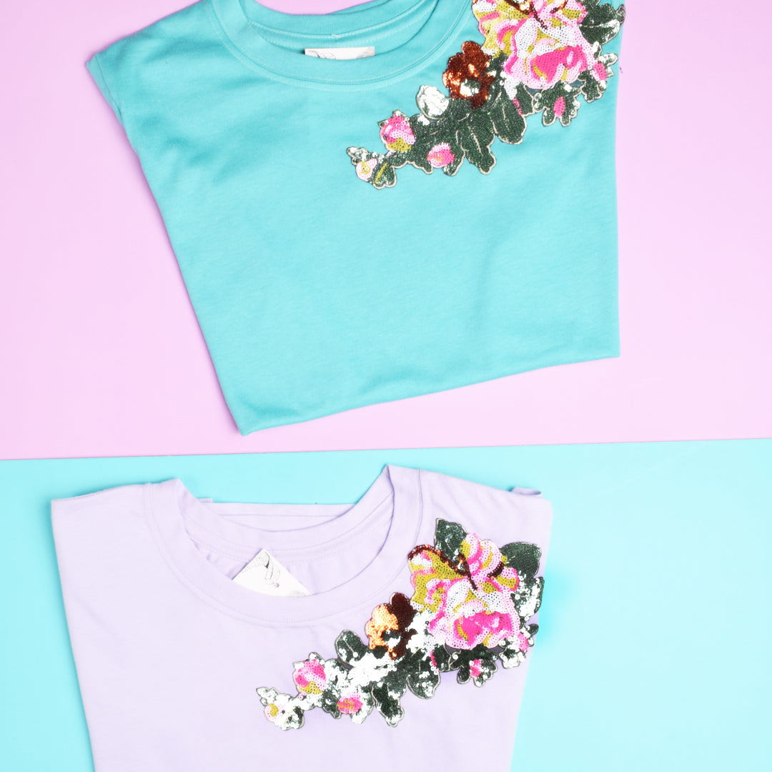 Flores y Hojas Lentejuelas Hombro T-shirt