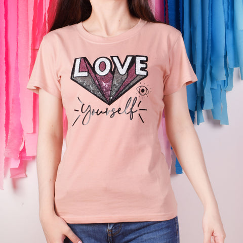 Love Yourself Nude Lentejuelas T-Shirt
