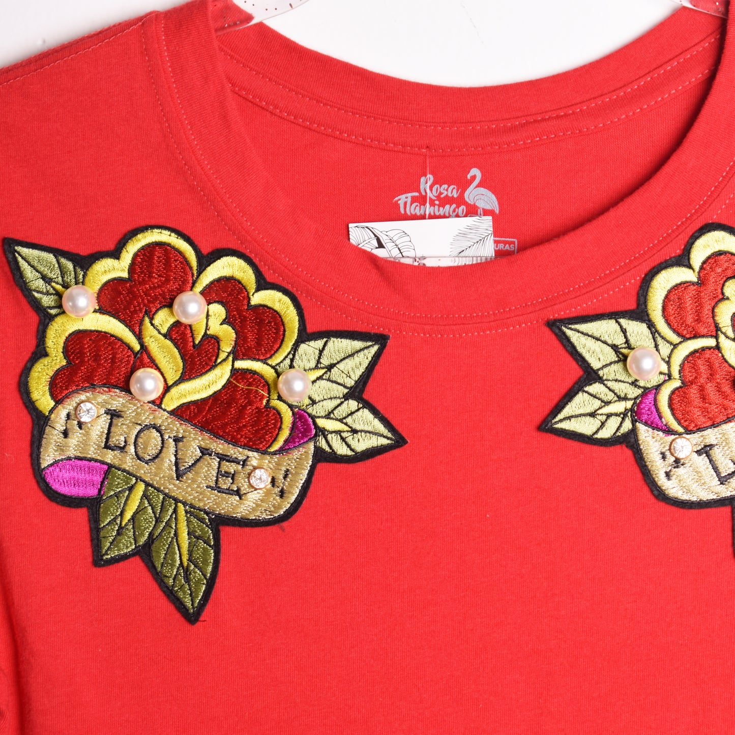 Love Perlas Rosas Hombro T-Shirt